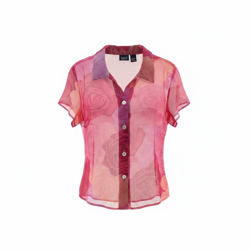 Vintage Y2K 2000s Hillard & Hanson Sheer Rose Print Button Short Sleeve Top 10